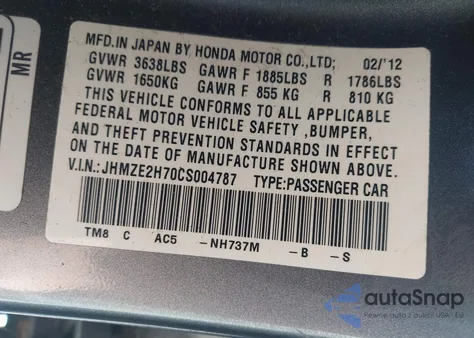 2012 Honda Insight Ex z USA, uszkodzony, nr VIN JHMZE2H70CS004787